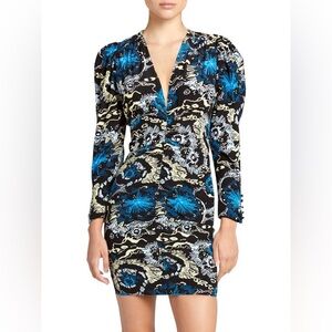 NEW A.L.C Roxy V-Neck Long-Sleeve Printed Mini Dress Size 8 Silk Blend